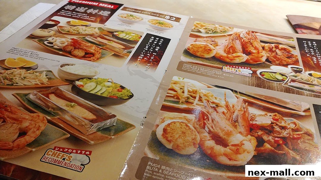 A menu featuring premium seafood and meat sets with detailed descriptions and prices.