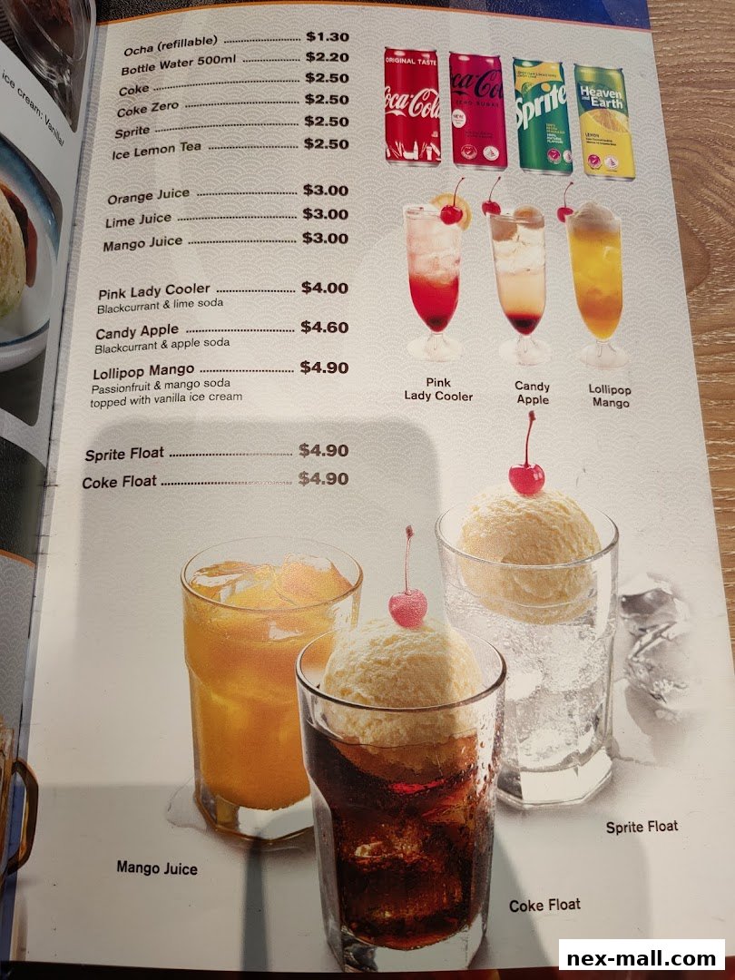 A menu page from Yaki Yaki Bo NEX featuring drinks and desserts with prices and images.