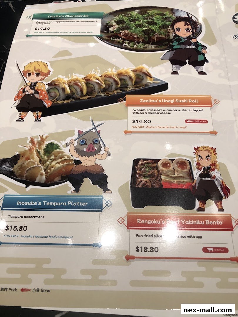 A menu from Sushi Tei featuring anime-themed dishes with character illustrations.