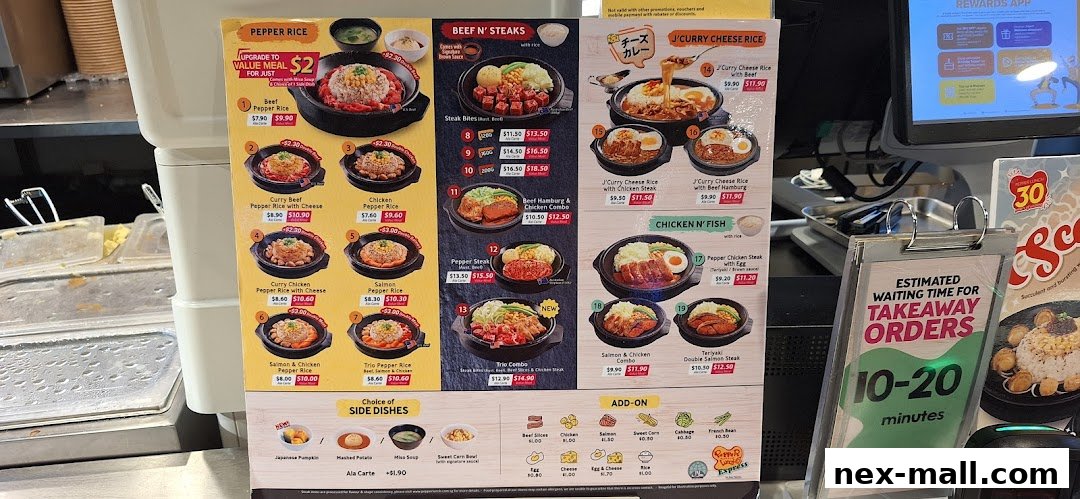 A menu board displaying various Pepper Lunch Express meals, including beef, chicken, and fish options.