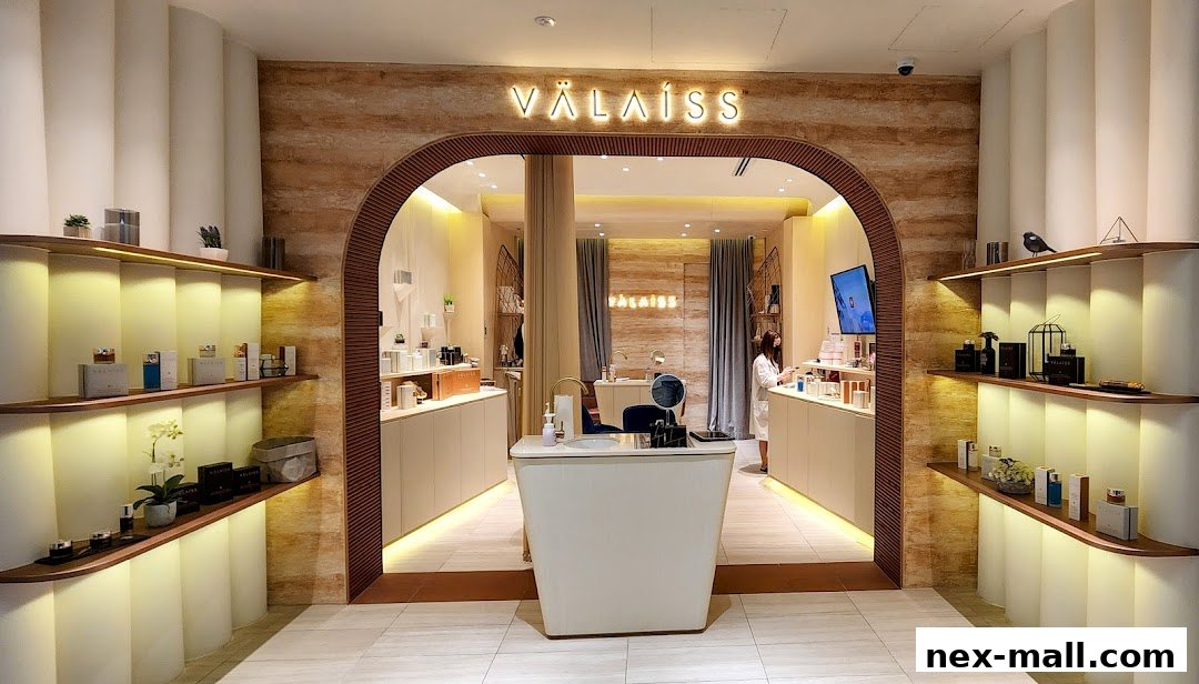 The entrance of a modern beauty store with illuminated shelves displaying skincare products.