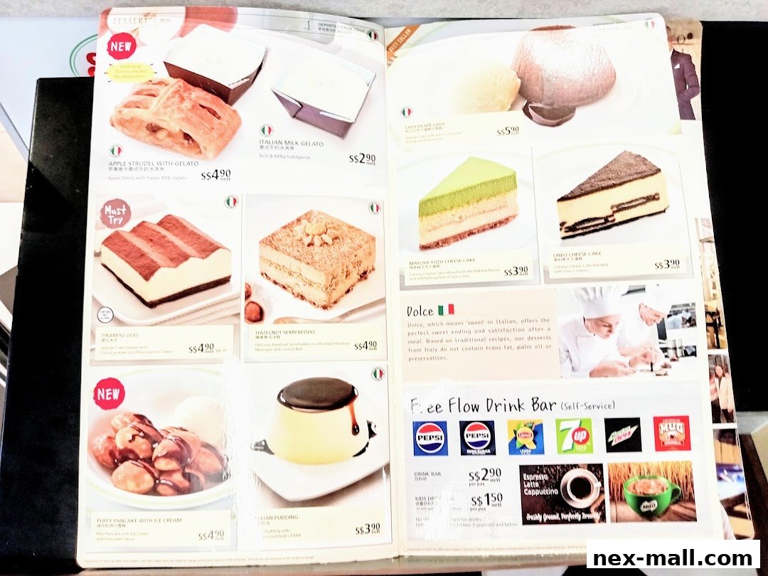 A menu featuring various desserts like apple strudel, tiramisu, gelato, and cakes, along with a drink bar.