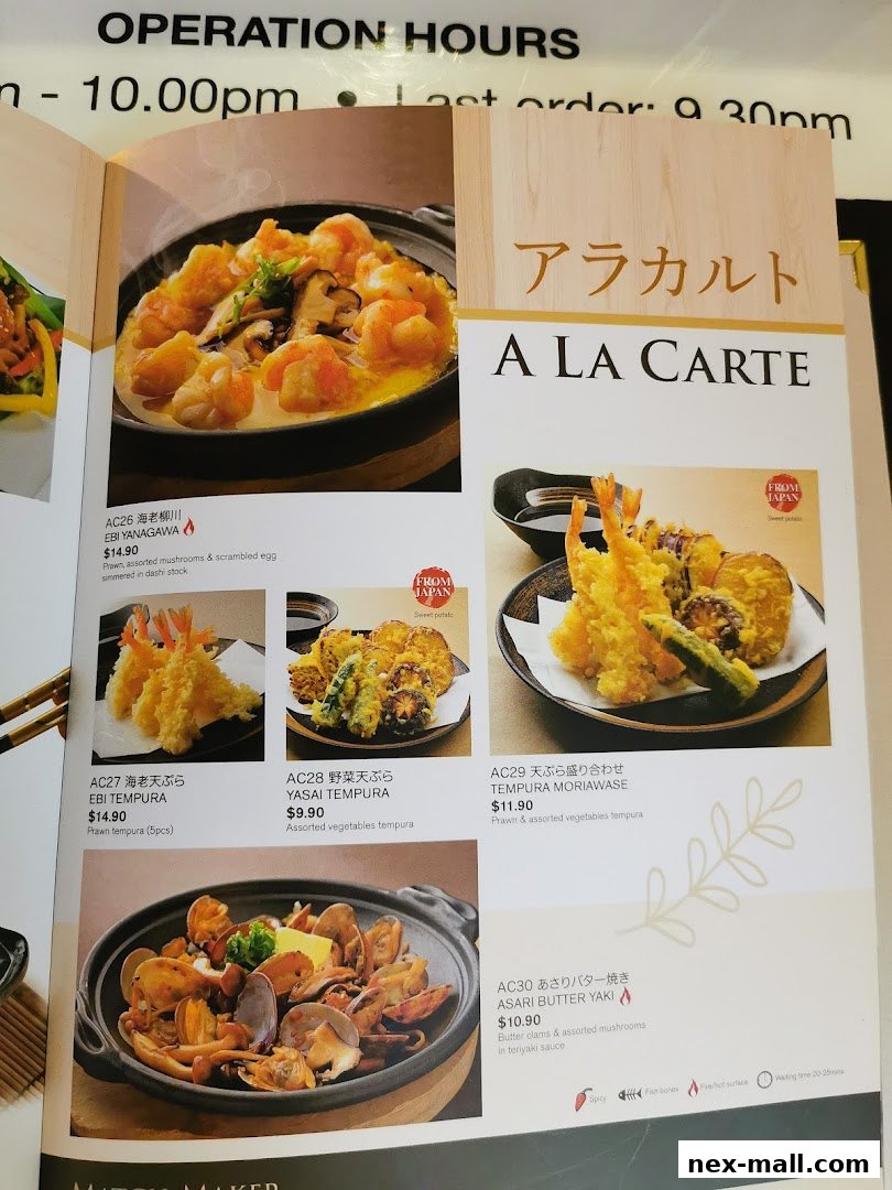 A menu page from Ichiban Boshi NEX featuring Japanese dishes like tempura and clam dishes.