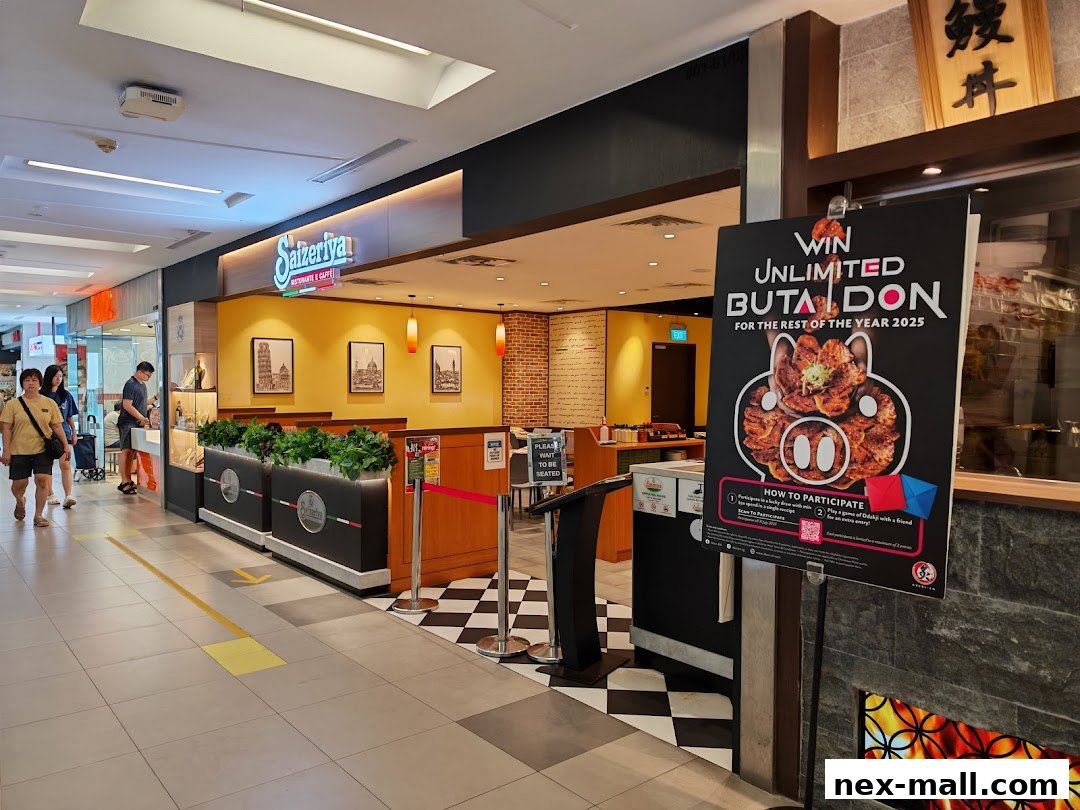 The exterior of a Saizeriya restaurant with a promotional sign for unlimited Buta Don.