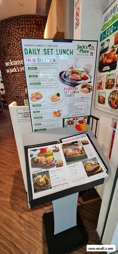 A display stand showcasing daily set lunch menus and everyday set lunch treats from Jack's Place.