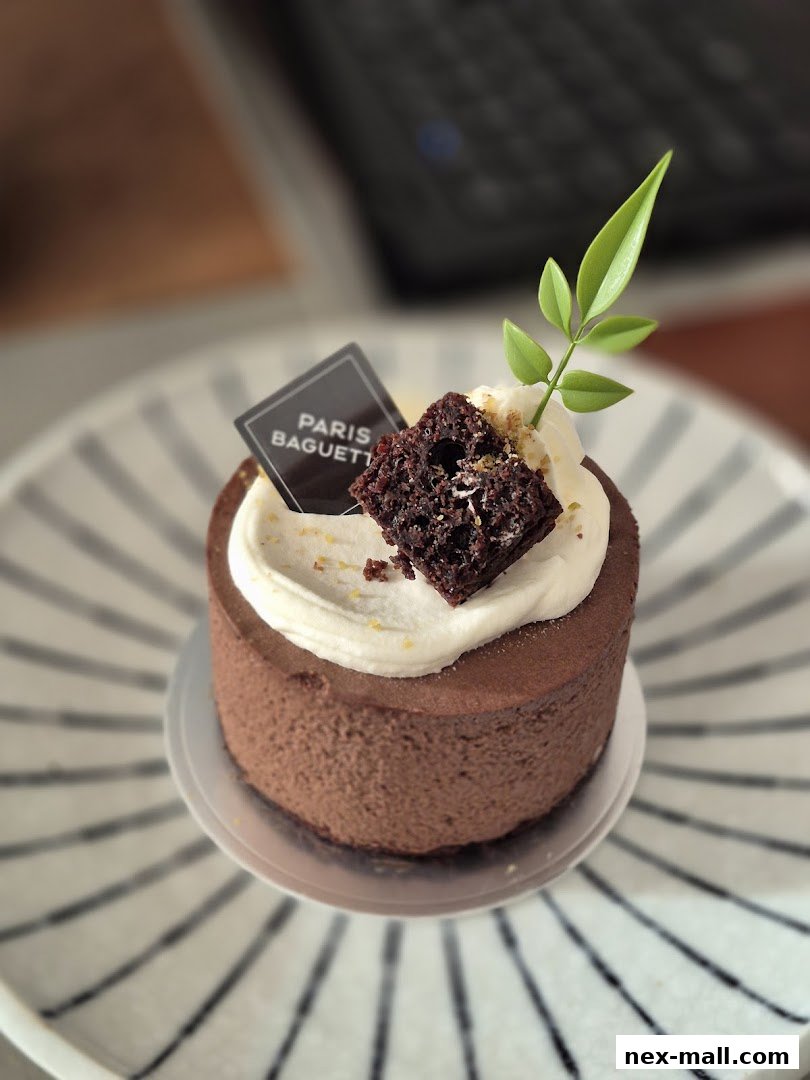 A close-up of a chocolate cake with whipped cream and a decorative leaf.