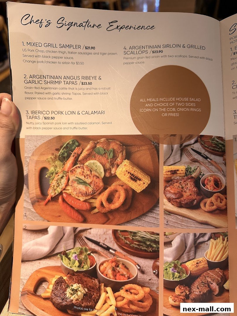 A menu showcasing the 'Chef's Signature Experience' with various meat and seafood dishes.