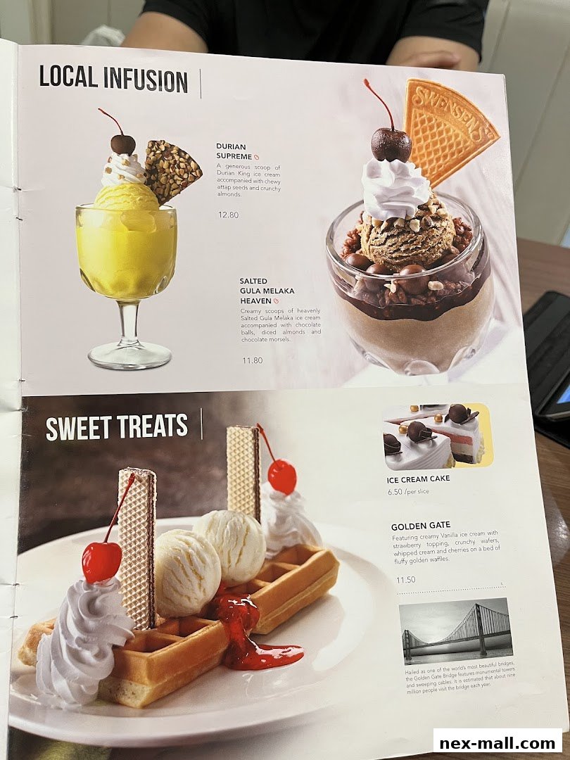 A menu from Swensen's featuring ice cream desserts like Durian Supreme and Golden Gate.