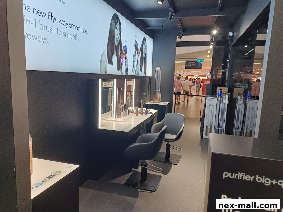 Interior of a Dyson shop showcasing hair styling products and air purifiers.