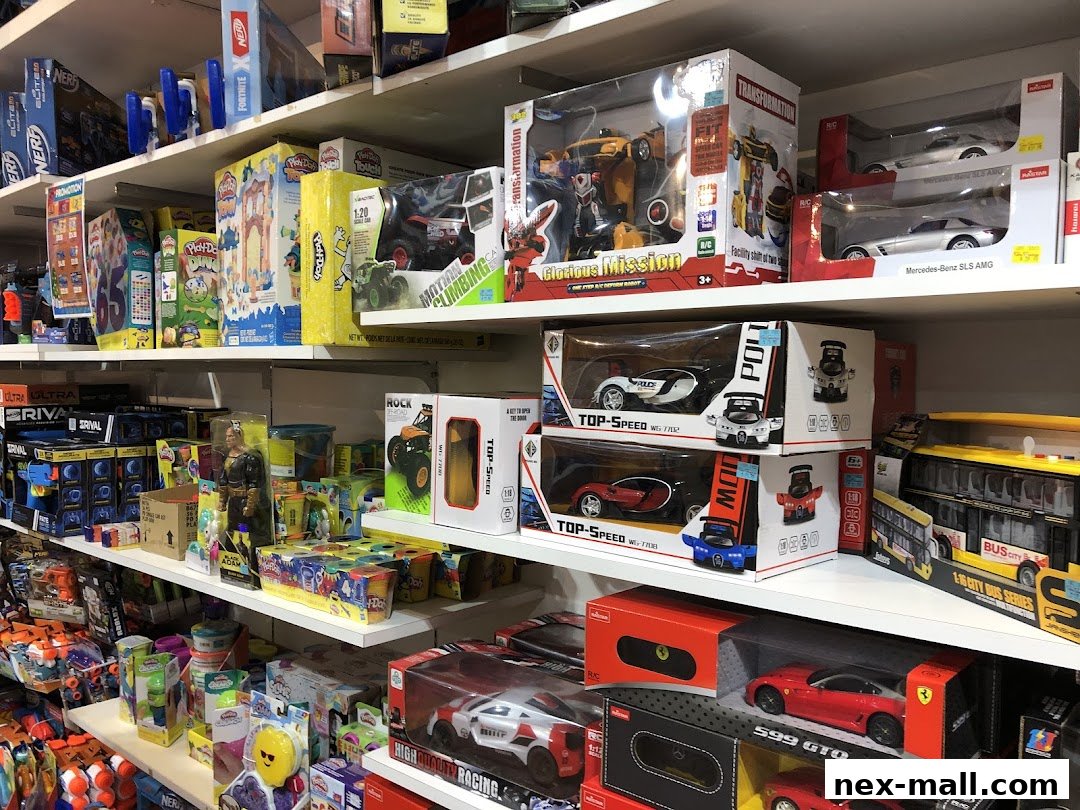 Shelves filled with various toys including action figures, remote control cars, and building sets.