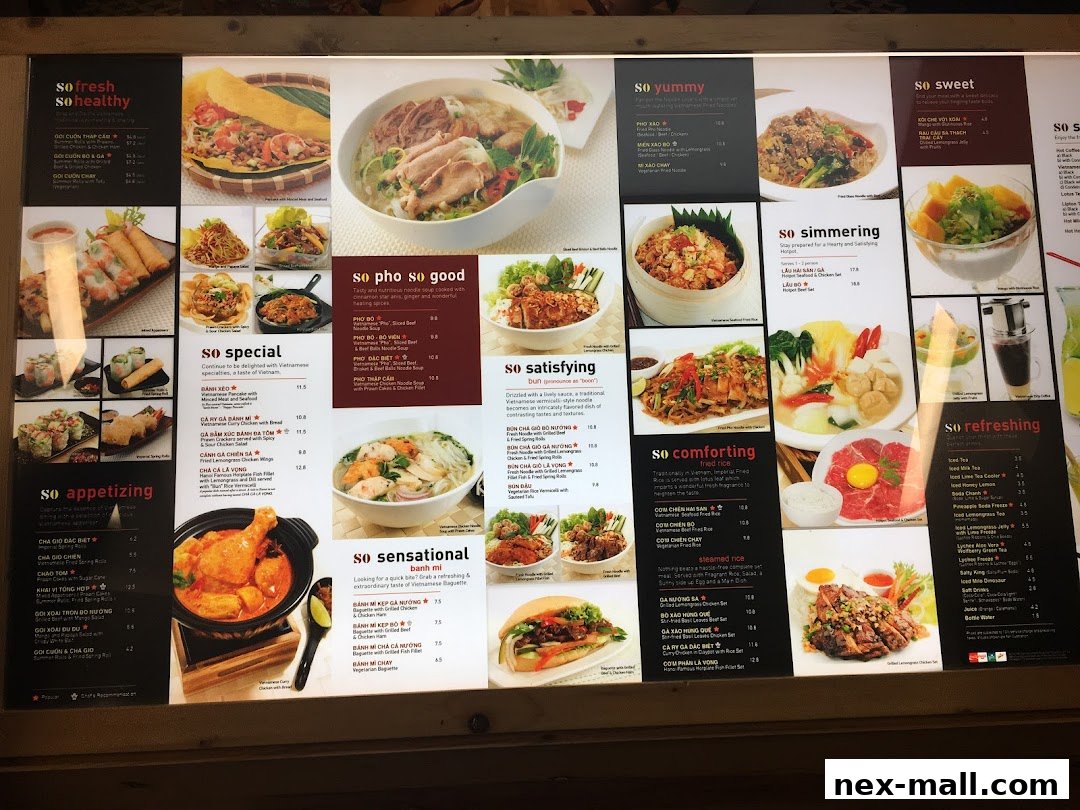 A vibrant menu board showcasing various Vietnamese dishes with enticing images and descriptions.