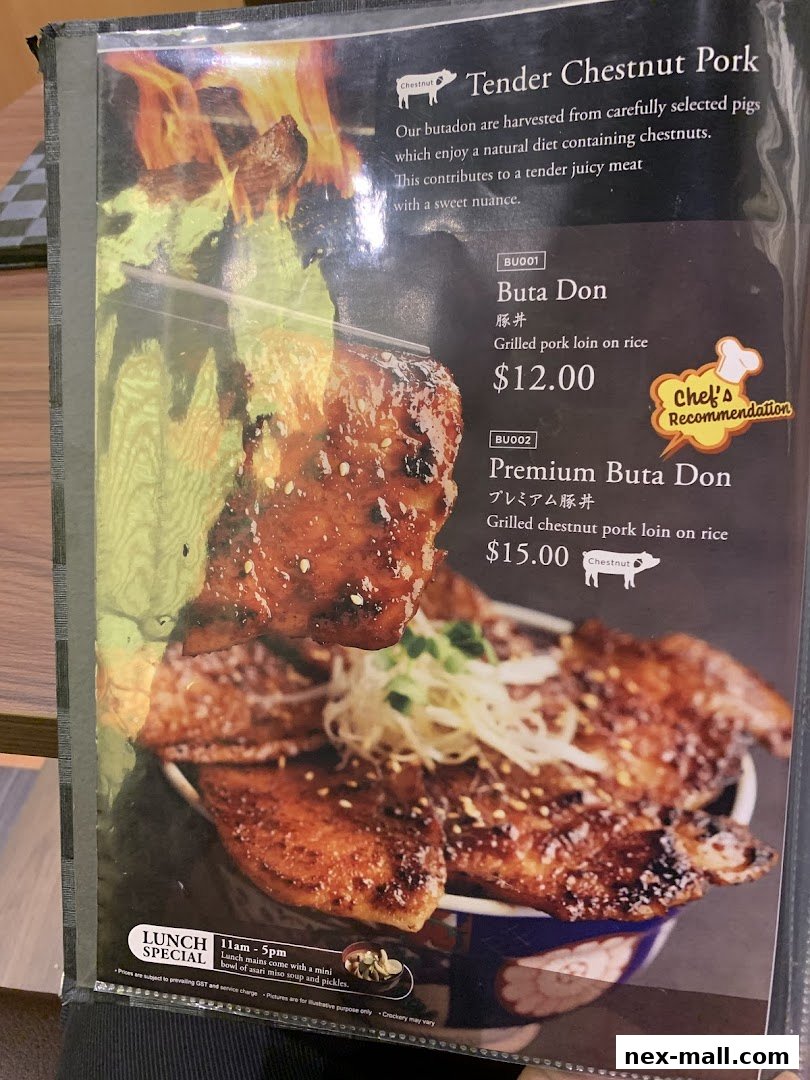 A menu featuring Tender Chestnut Pork dishes, including Buta Don and Premium Buta Don.