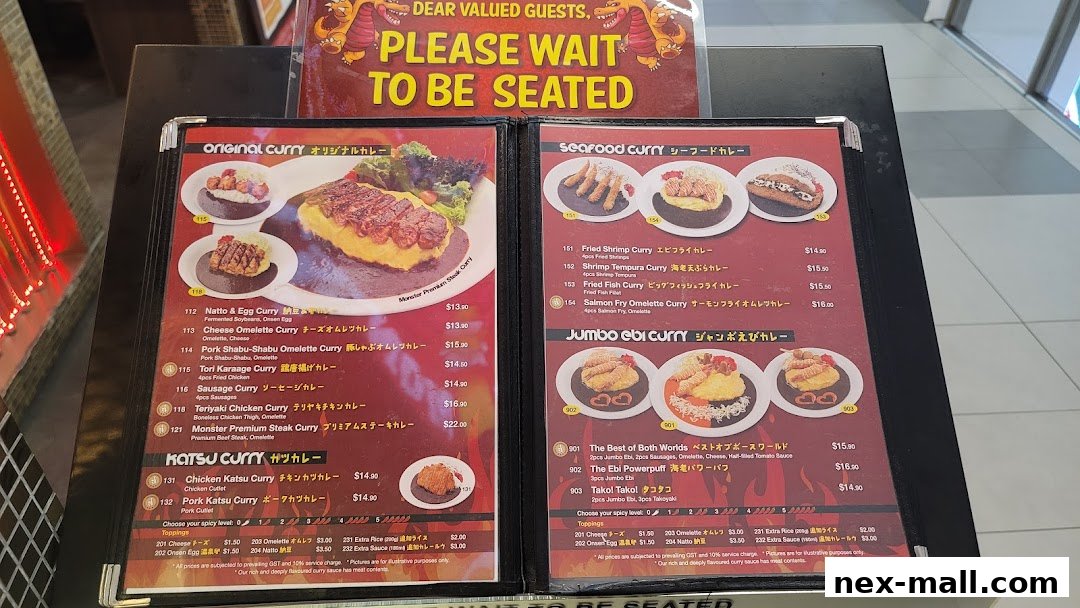 A menu from Monster Curry featuring various curry dishes with pictures and prices.