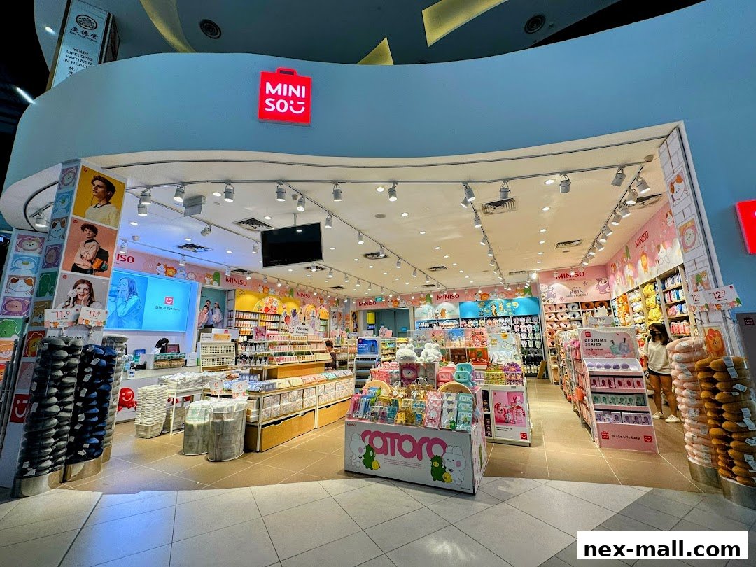 The MINISO NEX store interior, showcasing a wide variety of colorful merchandise and displays.