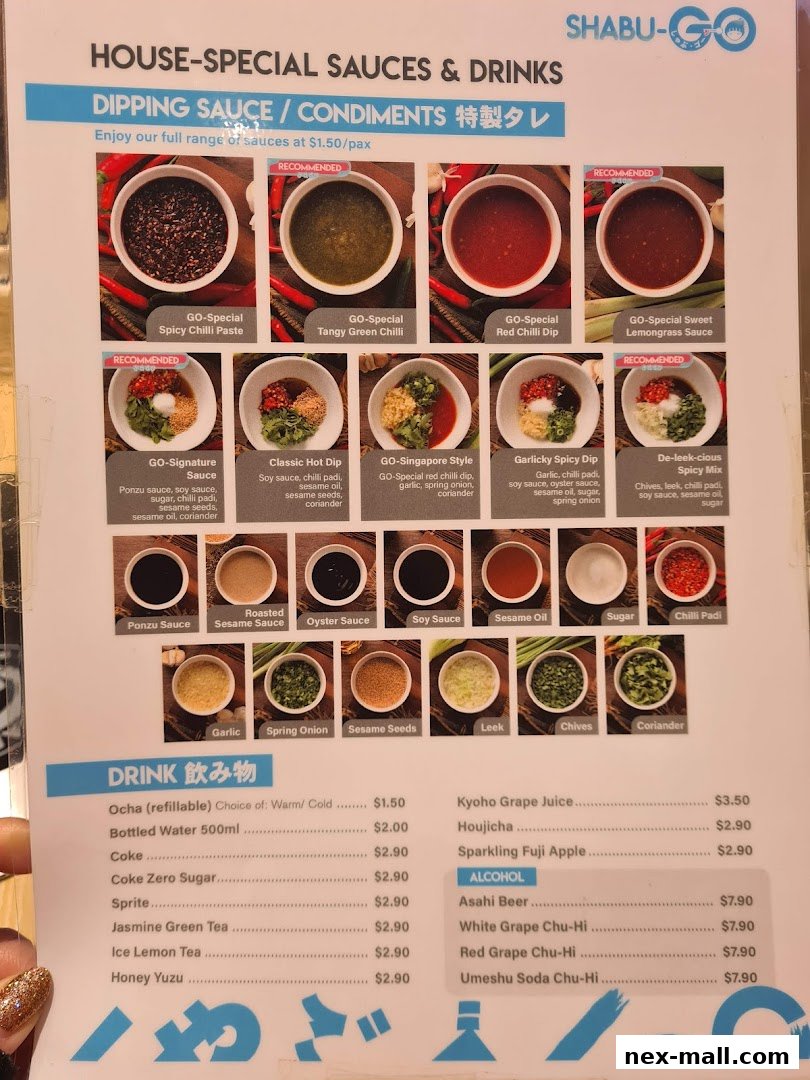 A menu showcasing house-special sauces, condiments, and drinks with prices.