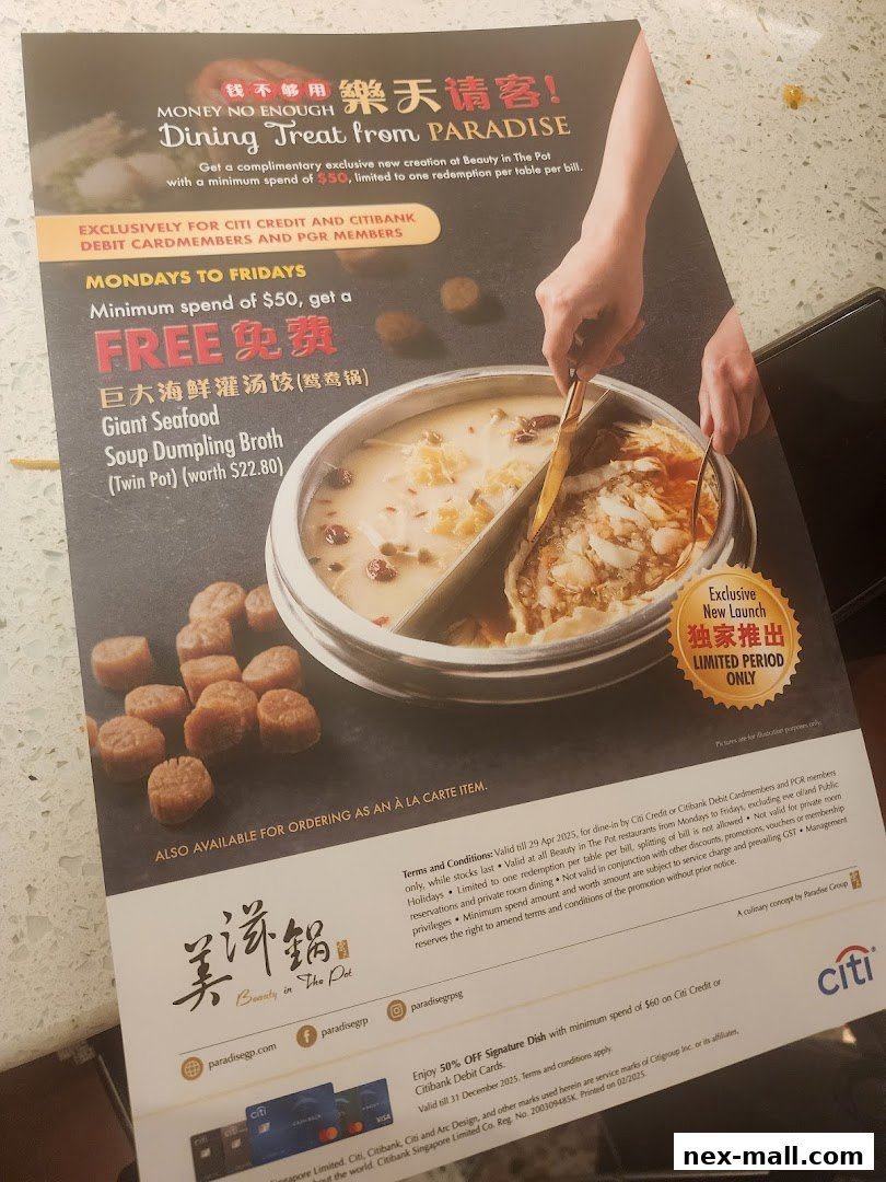 A promotional flyer for Beauty in The Pot offering a complimentary soup dumpling broth with a minimum spend.