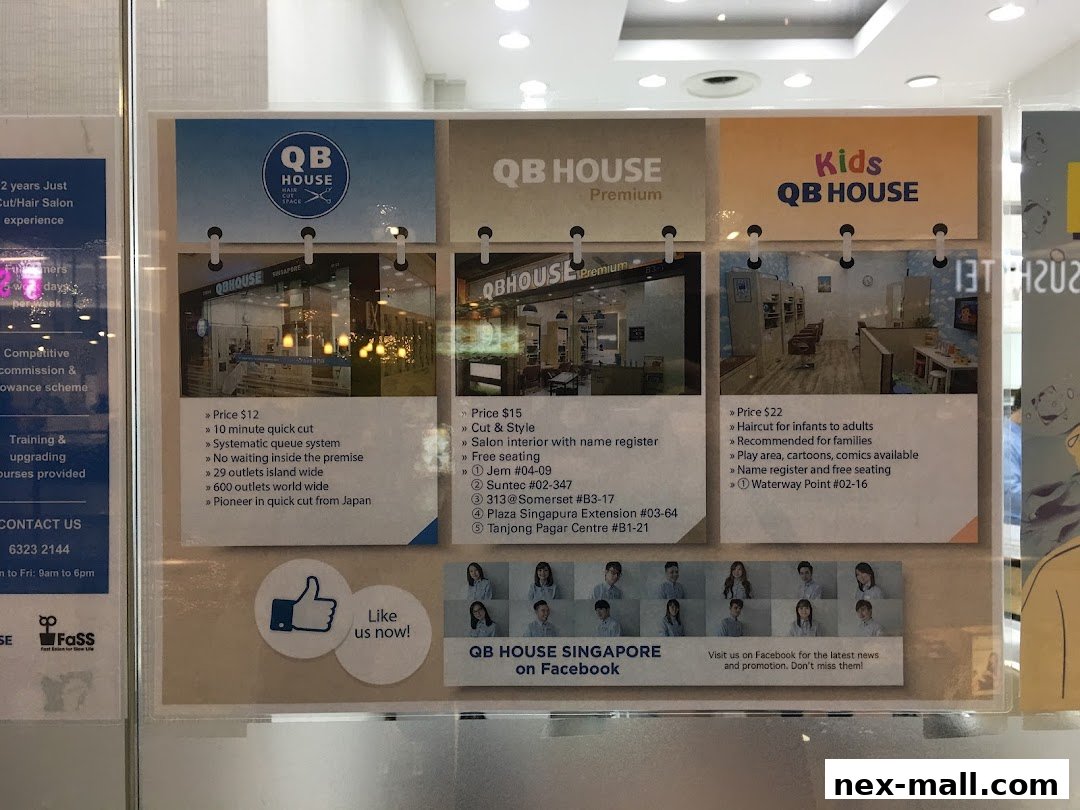 A display board showcasing services and prices for QB HOUSE hair salons.