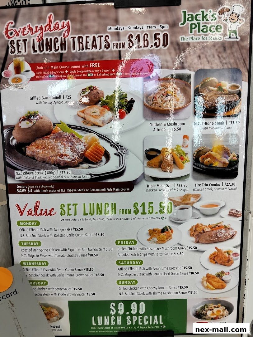 A menu for Jack's Place featuring everyday set lunch treats and value set lunches.