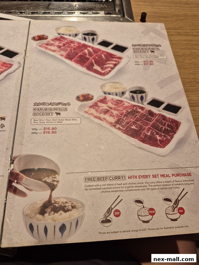 A menu showcasing various beef slice sets and a free beef curry offer.