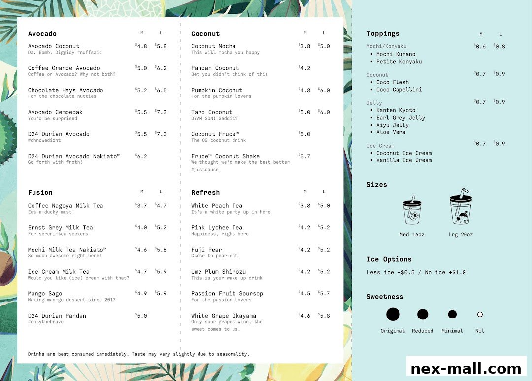 A menu for Fruce NEX featuring avocado, coconut, fusion, and refresh drinks with toppings and sizes.