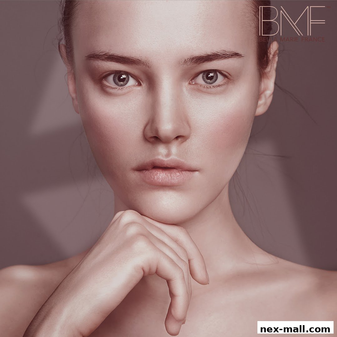 A close-up portrait of a woman with flawless skin, resting her chin on her hand.