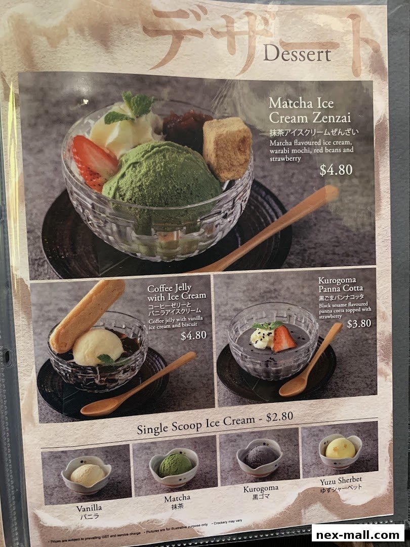 A menu page showcasing various Japanese desserts including ice cream and panna cotta.