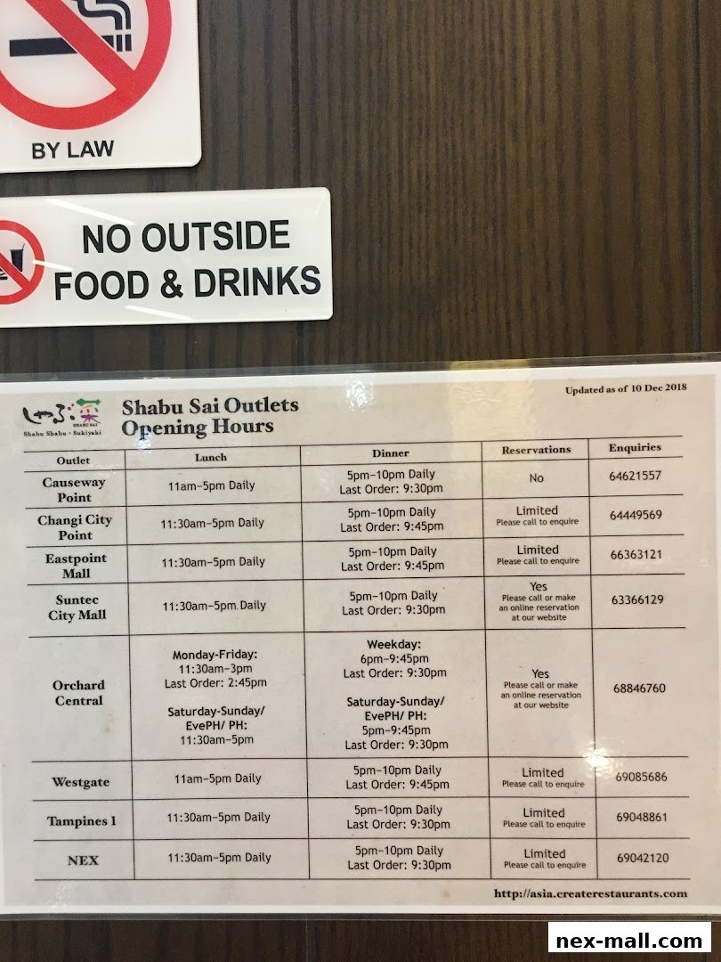 Shabu Sai outlets opening hours and contact information for various locations.