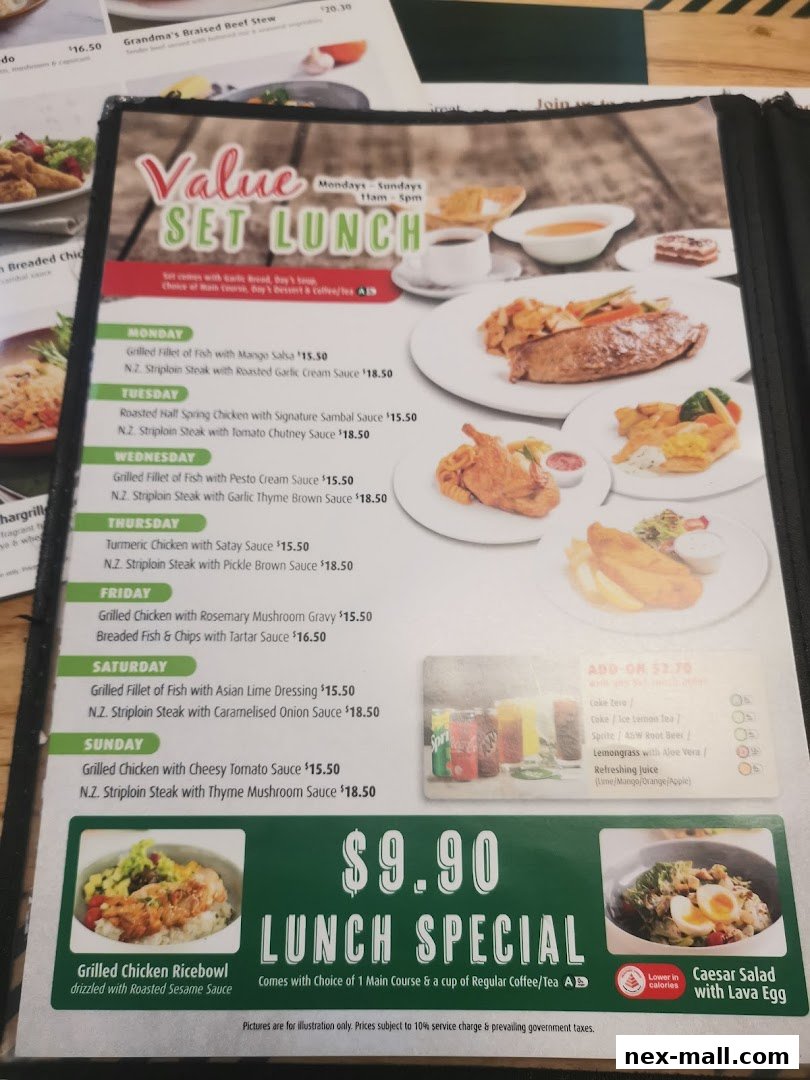 A menu featuring a value set lunch with daily specials and a $9.90 lunch special.