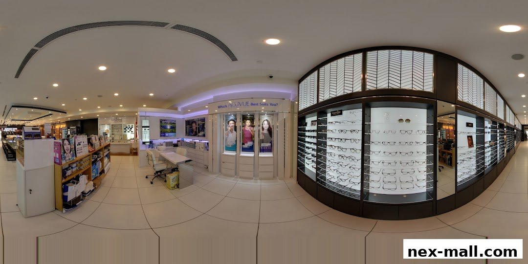 Interior view of an optical shop showcasing a wide selection of eyeglasses and contact lenses.