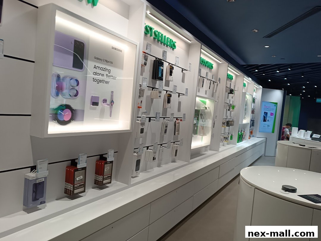 Interior view of a brightly lit electronics store showcasing Samsung products and accessories.