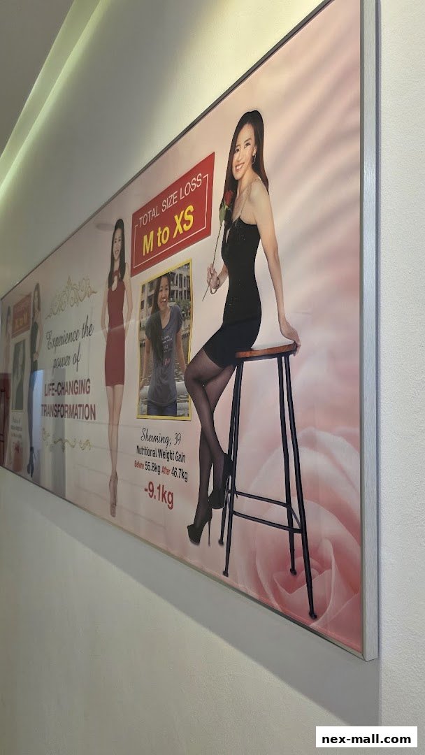 A large banner showcasing a woman's successful weight loss transformation.