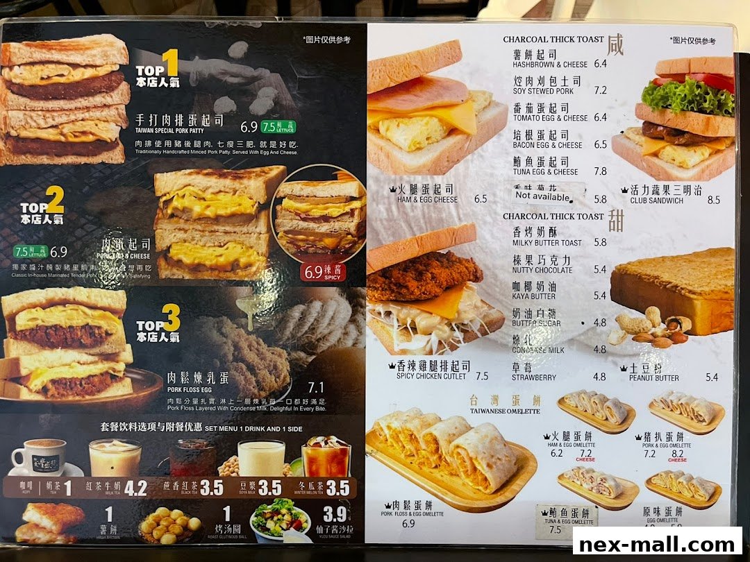 A menu featuring various sandwiches, toasts, omelets, and drinks with prices and images.