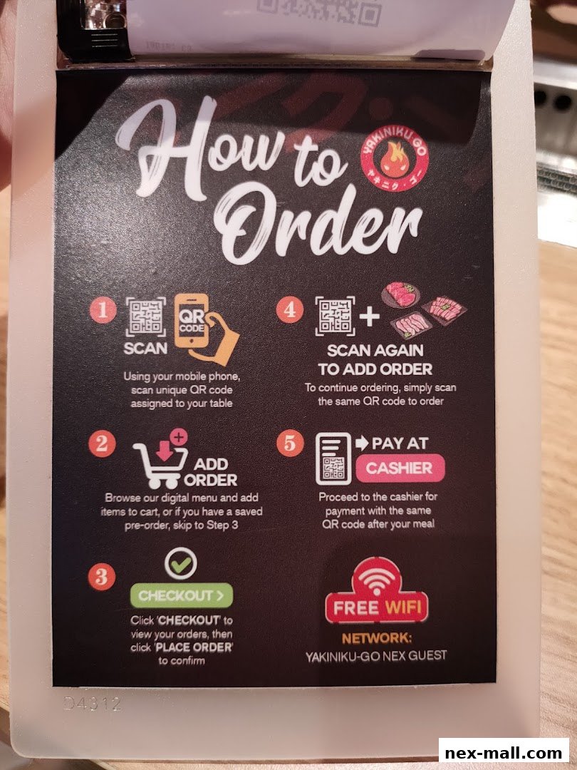 A guide on how to order at Yakiniku-GO NEX, featuring QR code scanning and payment instructions.