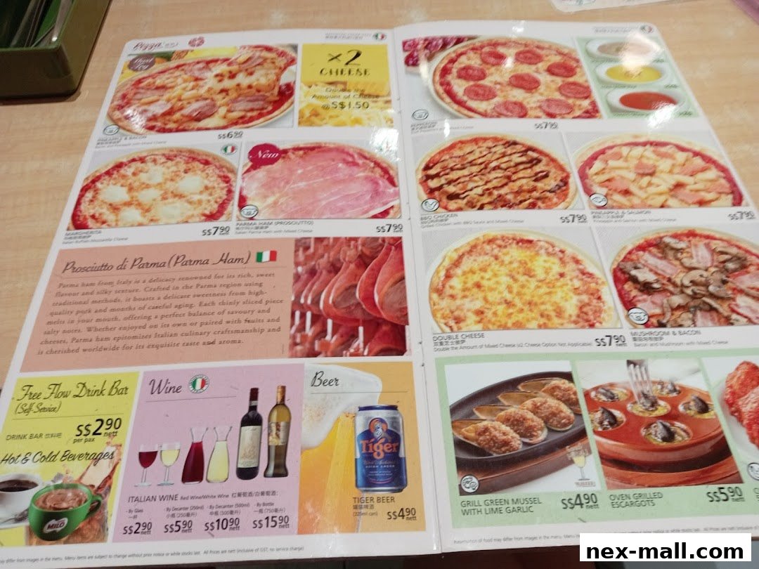 A menu page from Saizeriya featuring pizzas, prosciutto, drinks, and appetizers.