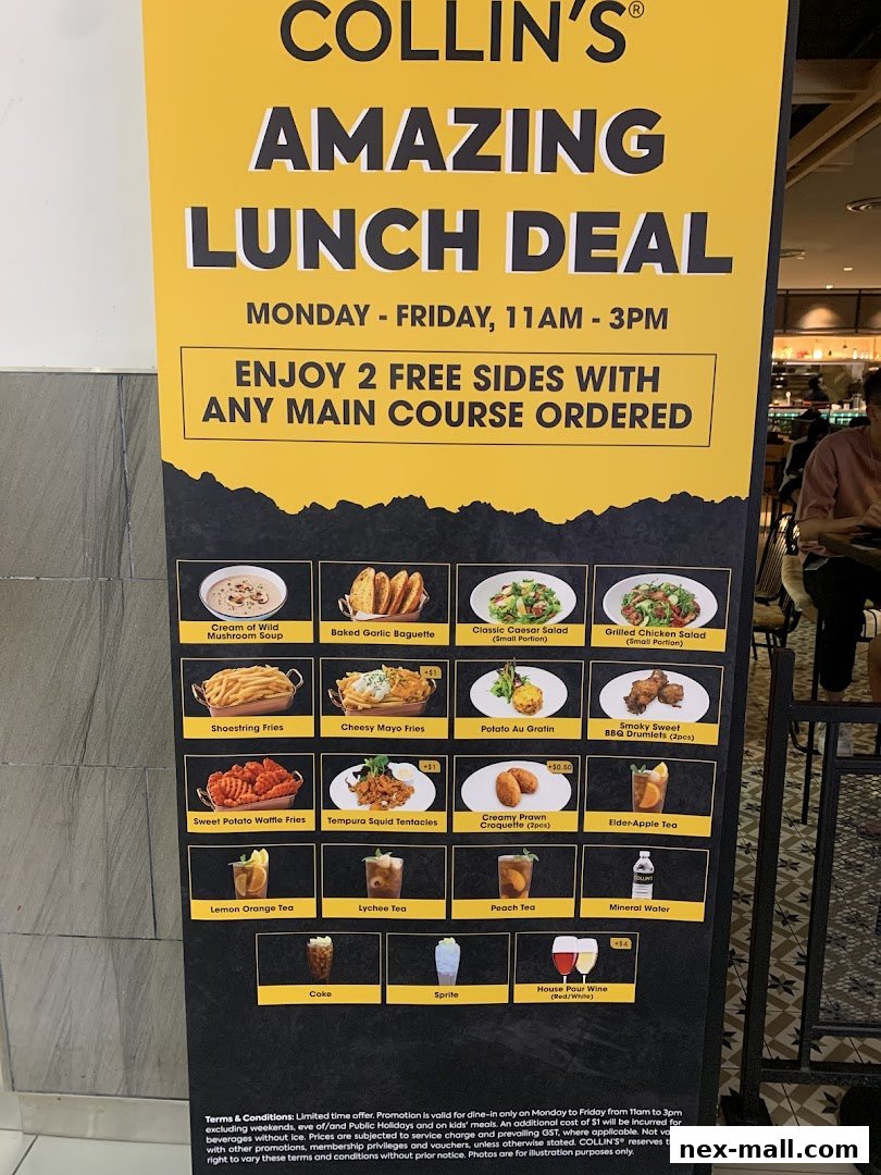 A promotional banner for Collin's Amazing Lunch Deal, showcasing various food and drink options.