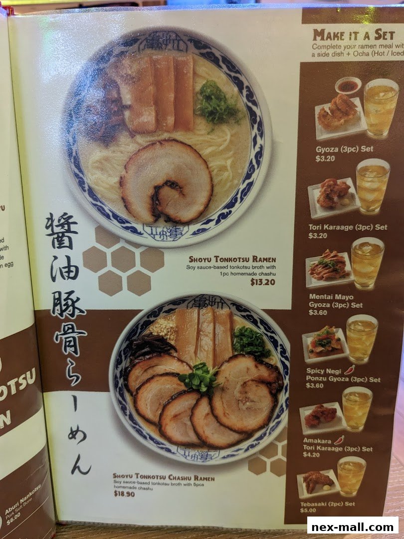 A menu featuring ramen dishes and set meals with side dishes and drinks.