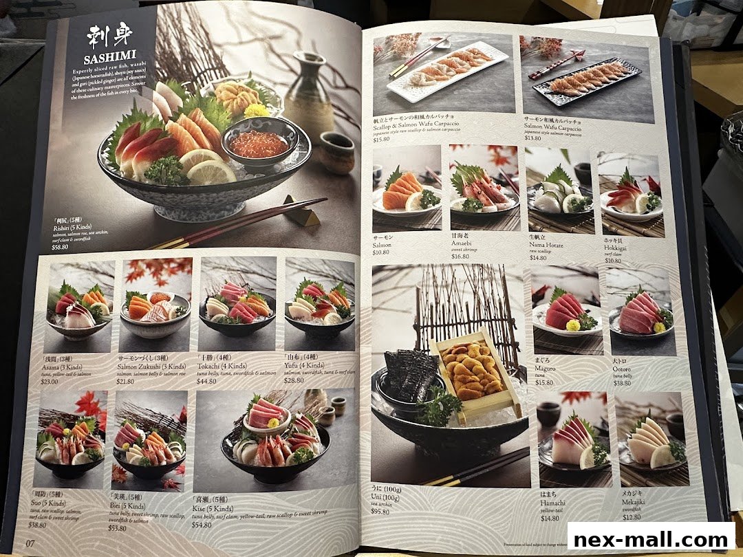 A menu from Sushi Tei featuring various sashimi dishes and carpaccio.