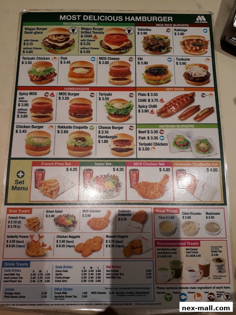 A menu from MOS Burger featuring various hamburgers, rice burgers, hot dogs, and side items.