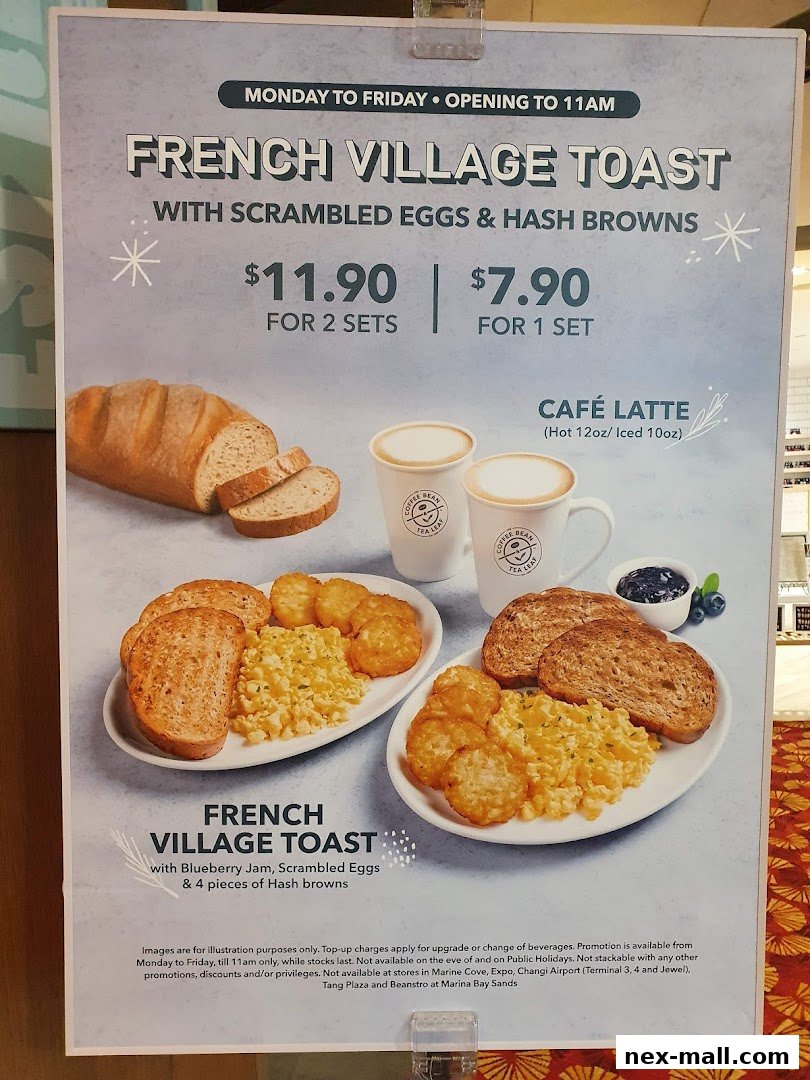 A menu board advertising French Village Toast with scrambled eggs and hash browns, and Cafe Latte.