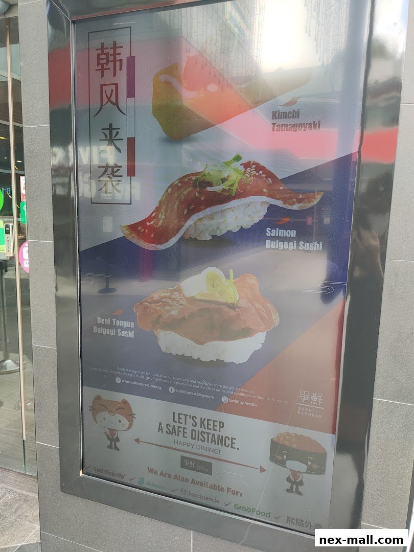 A display board showcasing various sushi dishes from Sushi Express, including beef tongue and salmon bulgogi sushi.