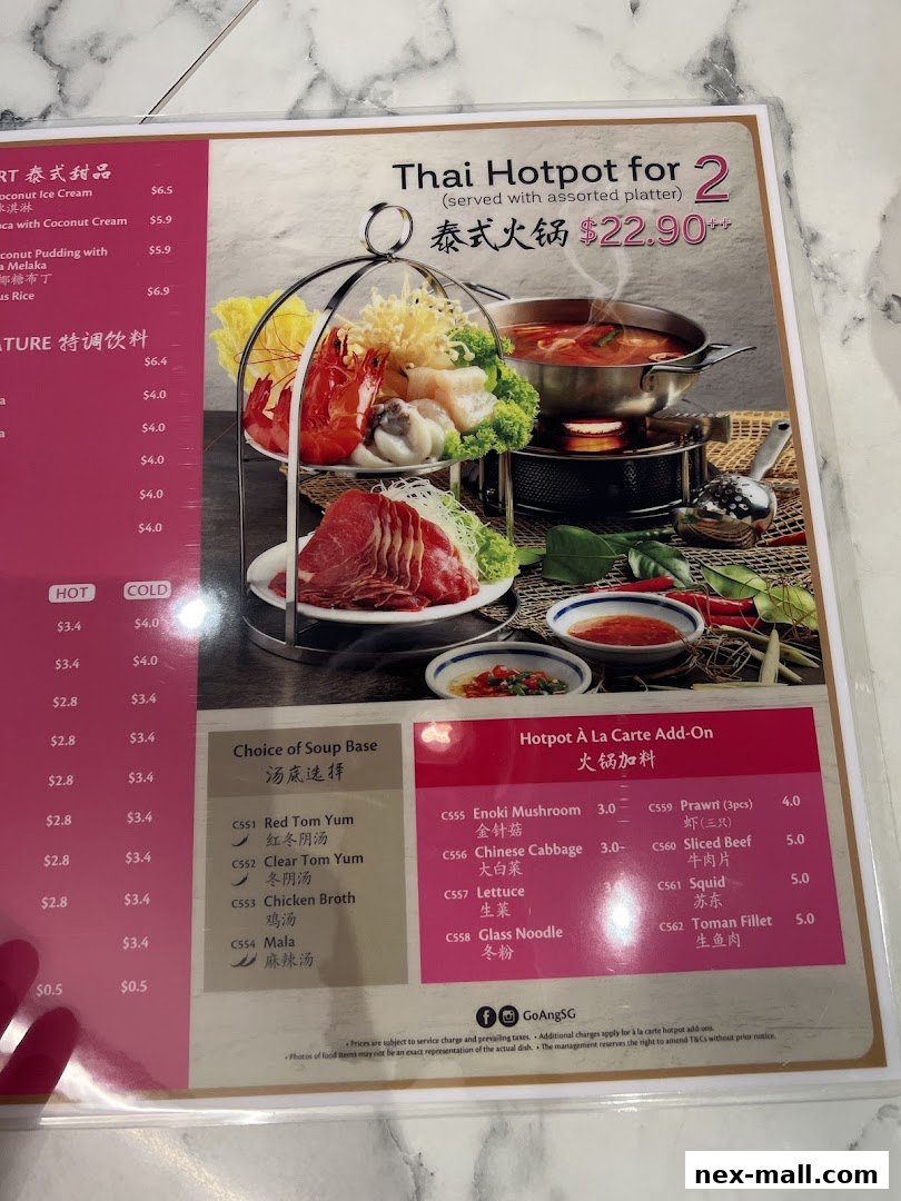 A menu featuring Thai Hotpot for two, soup bases, and a la carte add-ons.
