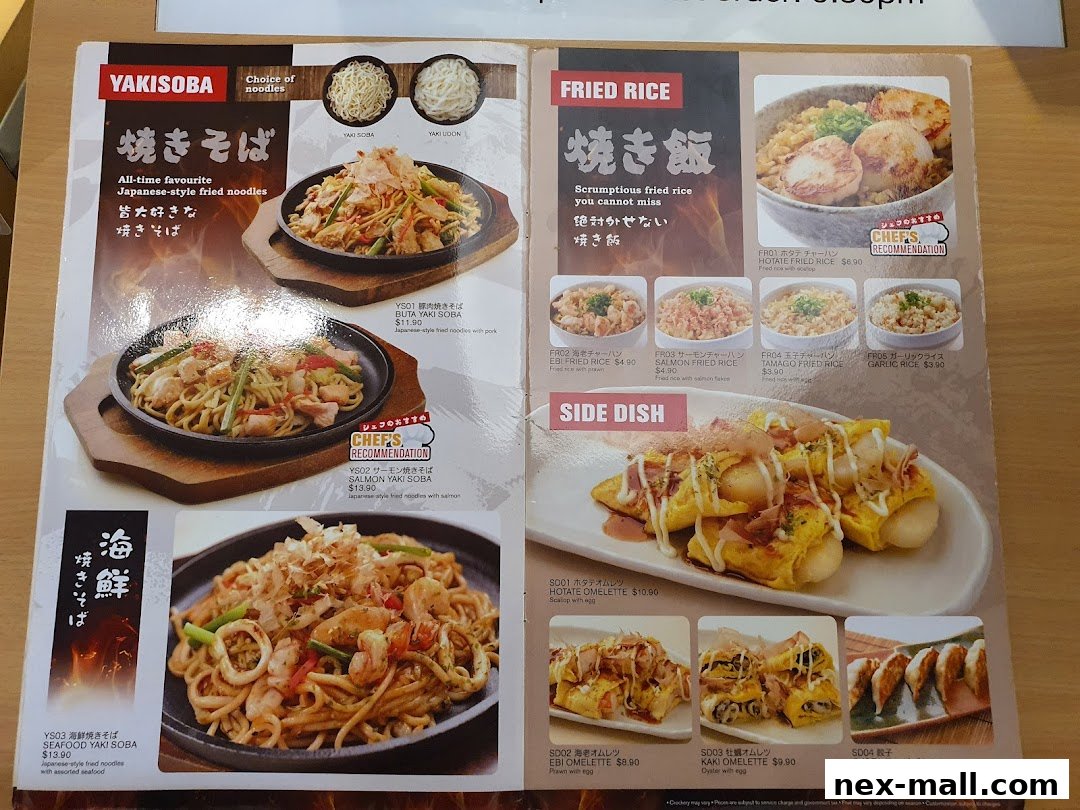 A menu featuring Japanese fried noodles (yakisoba), fried rice, and side dishes like omelets and gyoza.