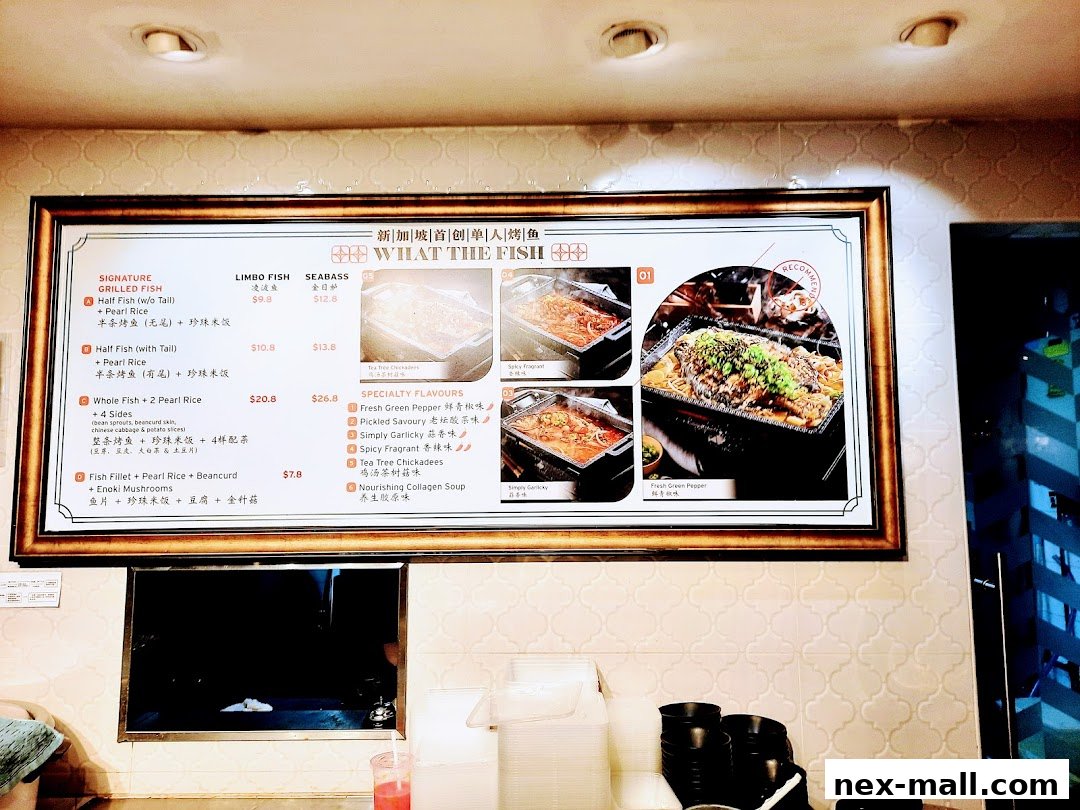 A menu board displaying various grilled fish dishes and specialty flavors with prices.