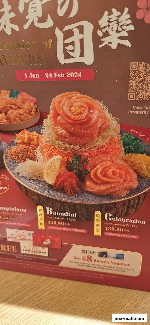 A promotional image showcasing a salmon yusheng dish with various sets and prices.