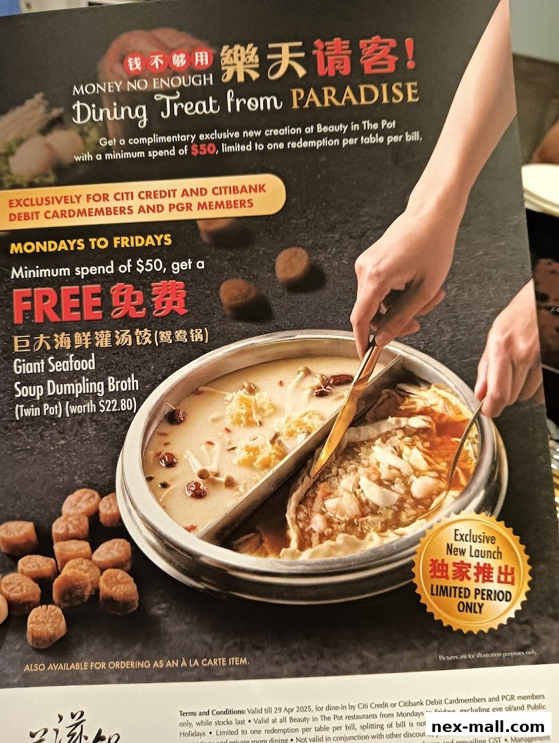 A promotional flyer for Beauty in The Pot offering a free Giant Seafood Soup Dumpling Broth with a minimum spend.