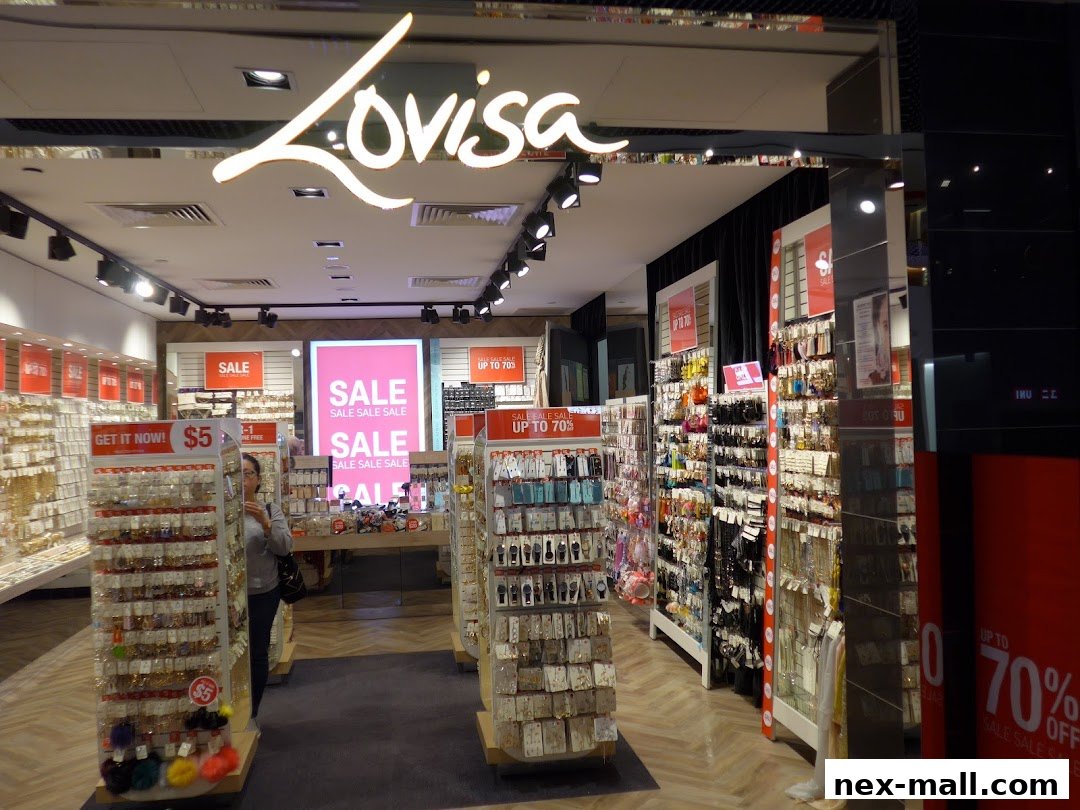 Interior view of a Lovisa store showcasing jewelry and accessories with sale signs.
