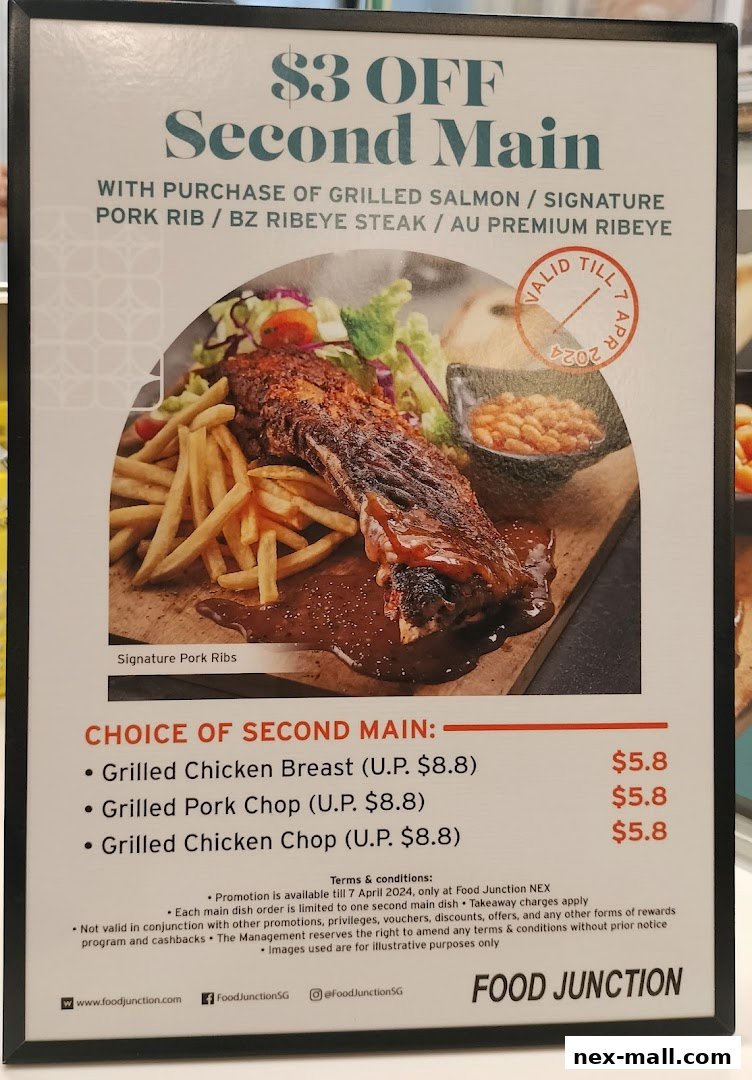 A promotional menu offering $3 off a second main dish at Food Junction.