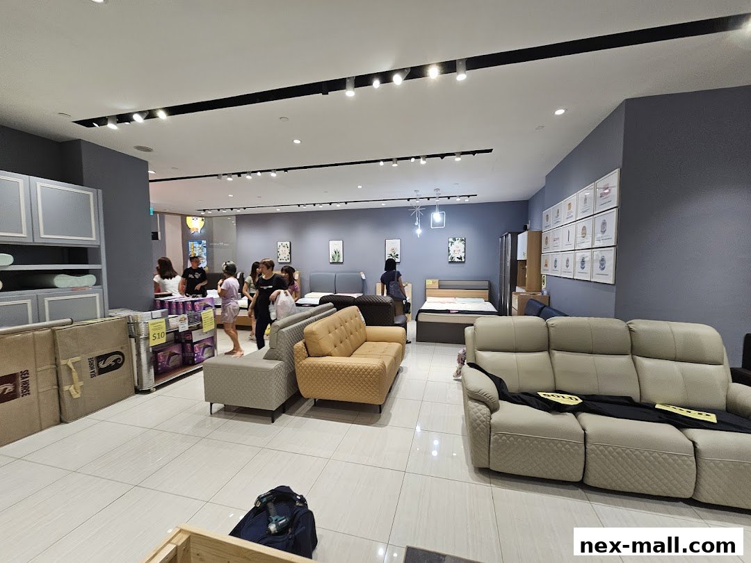 Interior view of a furniture store showcasing sofas, beds, and other home furnishings.