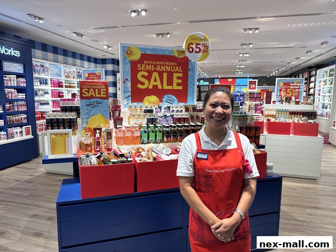 A smiling employee stands in front of Bath & Body Works displays featuring a semi-annual sale.