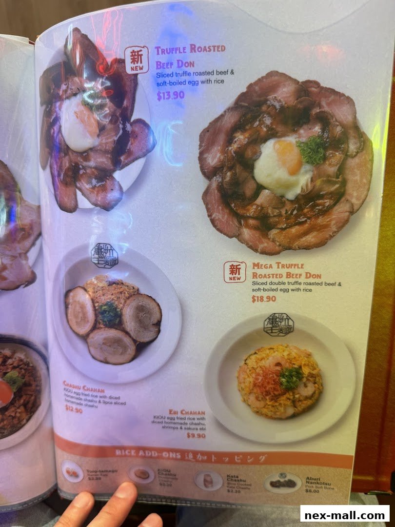 A menu showcasing various Japanese rice dishes and add-ons with enticing food photography.
